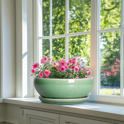 SQOWL Succulent Planter 12 Inch - Ceramic Bonsai Pots with Drainage Hole and Saucer, Large Shallow