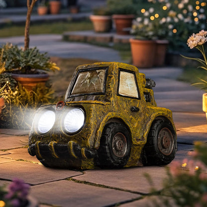 Garden Statue Outdoor Solar Car Decor with LED Light Vintage Resin Sculpture Construction Vehicle