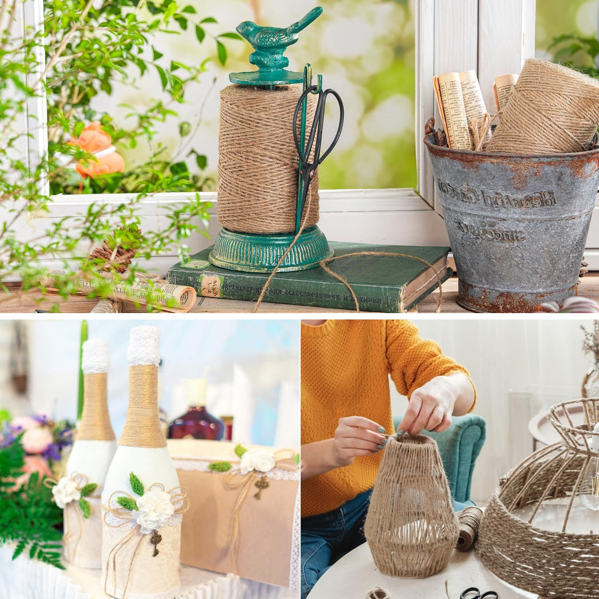 Sungmor Cast Iron Garden Twine Holder Set - 1300ft. Natural Jute Twine String & Rope Rack &