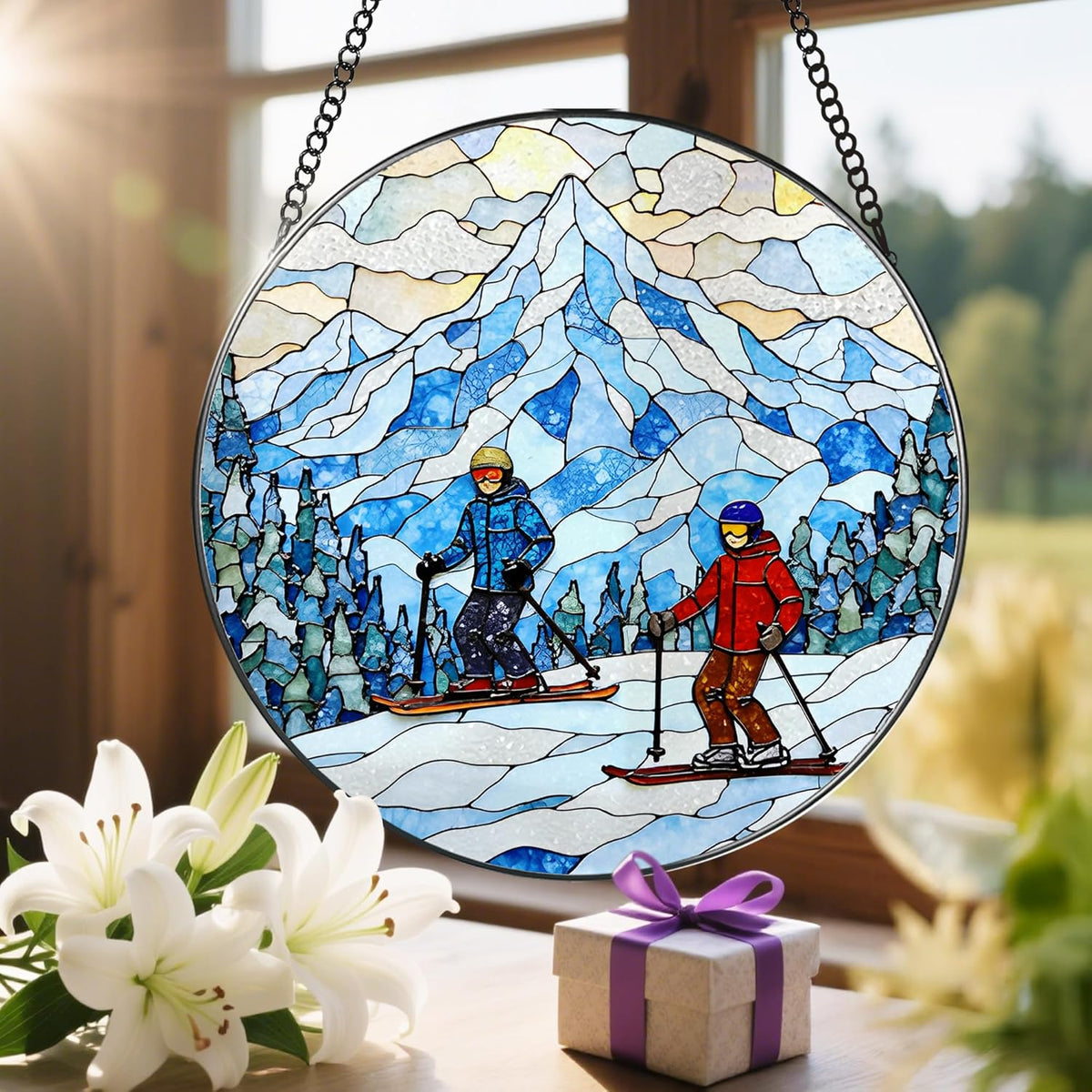 8'' Snowy Mountain Skiers Sun Catcher Ornament, Stained Glass Window Hanging, Sun Catchers for