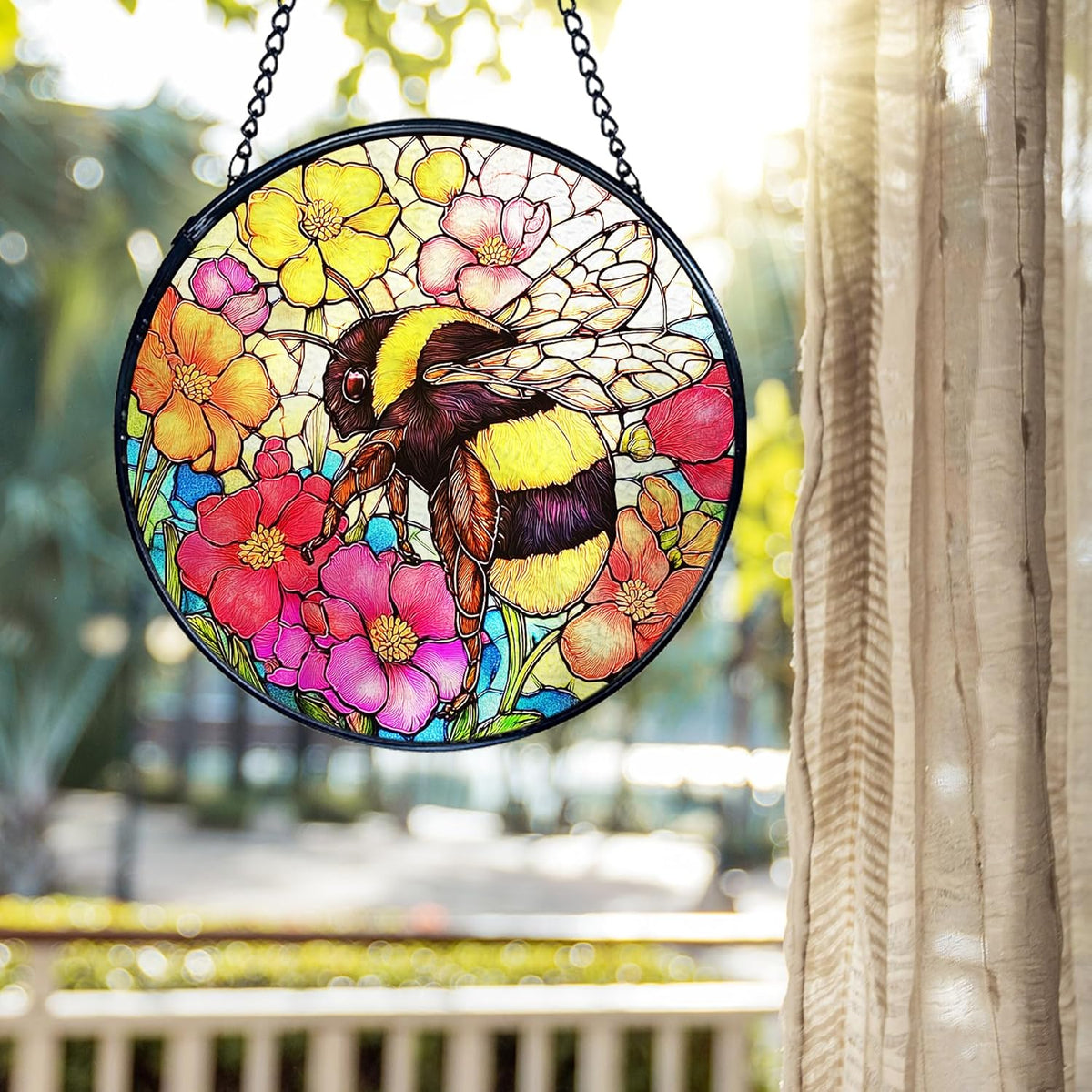 kdqua Bee Floral Suncatcher Stained Glass Window Hanging, Colorful Floral Bumblebee Sun Catchers