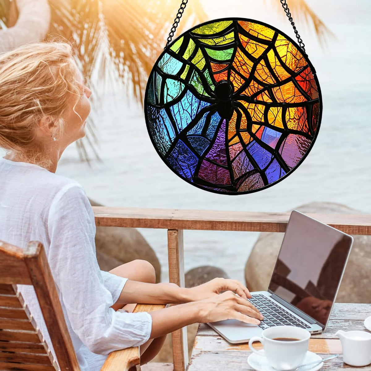 Stained Glass Suncatcher, Colorful Spider Sun Catcher Black Insect Stain Glass Window Hanging