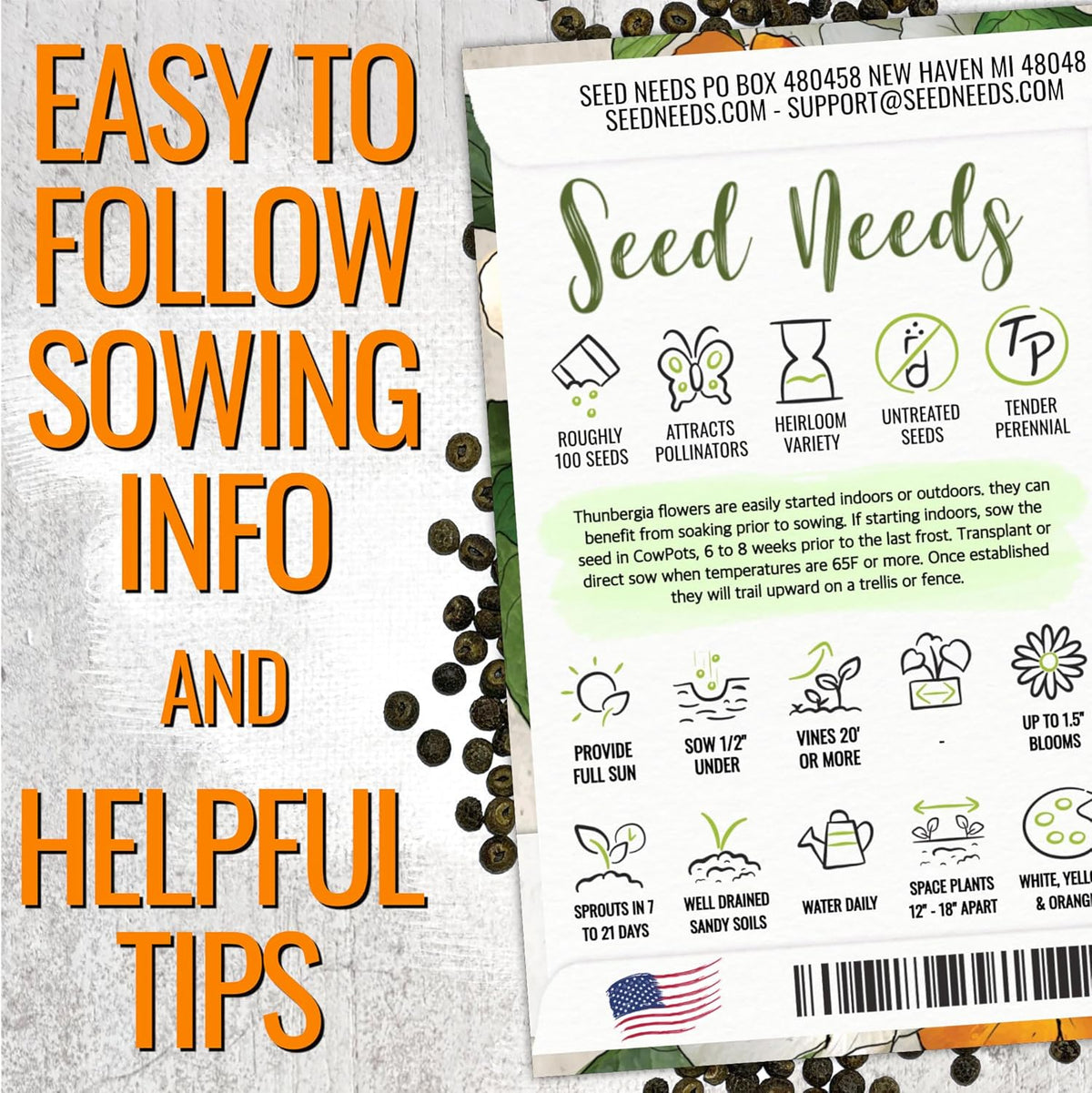 Seed Needs, Black-Eyed Susan Vine Seeds - 100 Heirloom Seeds for Planting Thunbergia alata - Annual