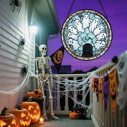 Stained Glass Window Hanging - Halloween Decorations Ghosts Tombstones Suncatcher for Doors Garden