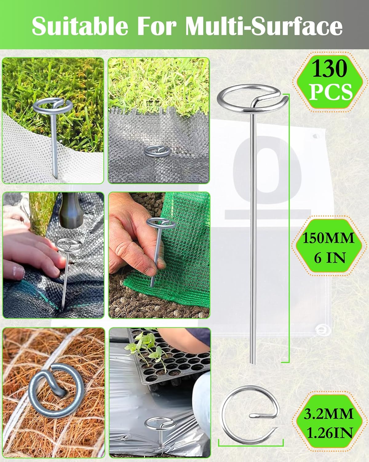 130 PCS Landscape Fabric Pins + Pick Hook, 6-Inch Galvanized Circle Top Landscape Staples - Steel