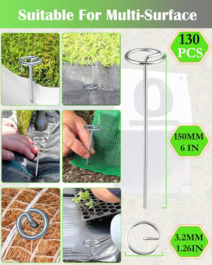 130 PCS Landscape Fabric Pins + Pick Hook, 6-Inch Galvanized Circle Top Landscape Staples - Steel