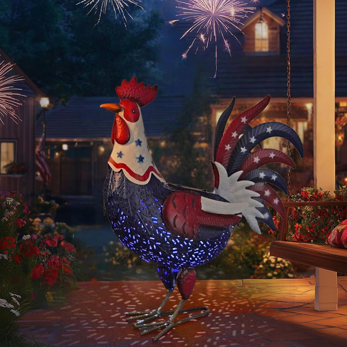 LIFFY Metal Rooster Yard Decor,18" Solar Powered Chicken Sculpture with Patriotic Flag