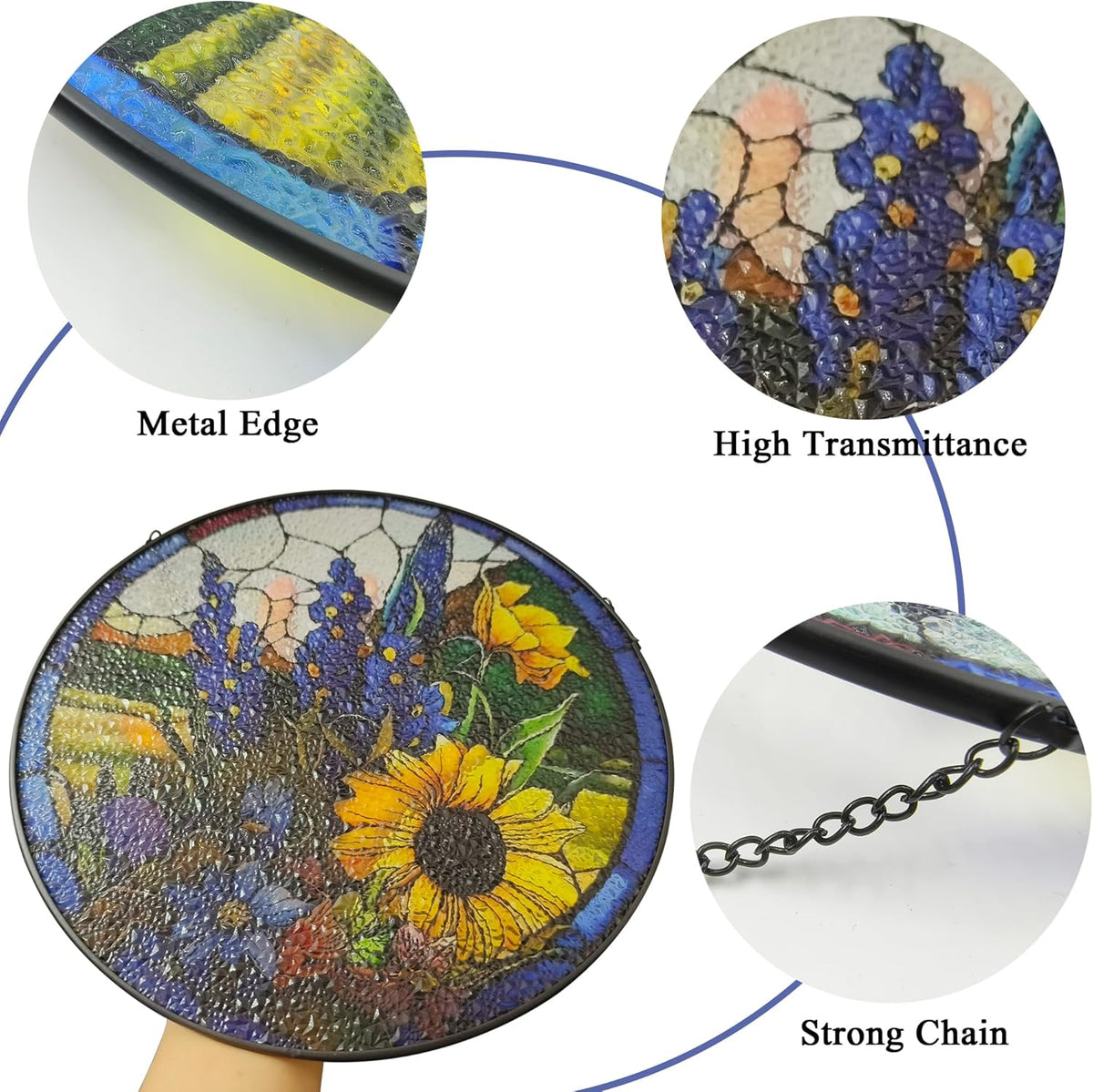Sunflower Lavender Suncatcher Stained Glass Window Hanging, 9.8'' Hand-Painted Floral Sun Catcher