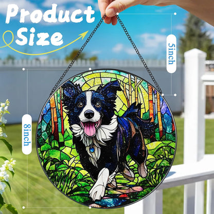 8″ Stained Glass Window Hanging Ornament, Border Collie Stained Glass Suncatcher Ornament