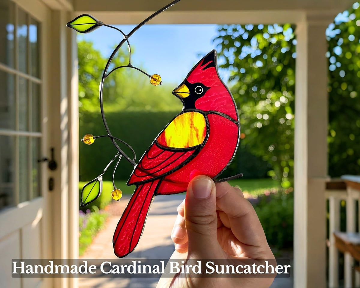 Red Cardinal Stained Glass Bird Suncatcher for Mom, Grandma, Women - Real Glass Window Hanging
