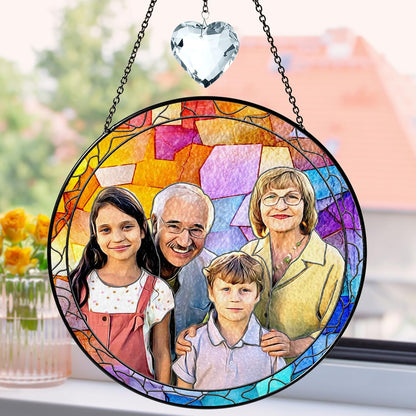 Personalized Grandpa Stained Glass Suncatcher, Photo Family Faux Stained Glass Window Hanging