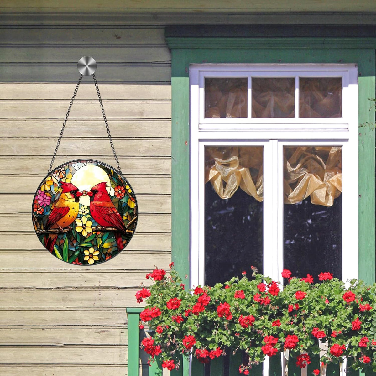 Cardinal Stained Glass Suncatcher - Red Bird Sun Catcher, Painted Glass Panel Decor, Sun Catchers