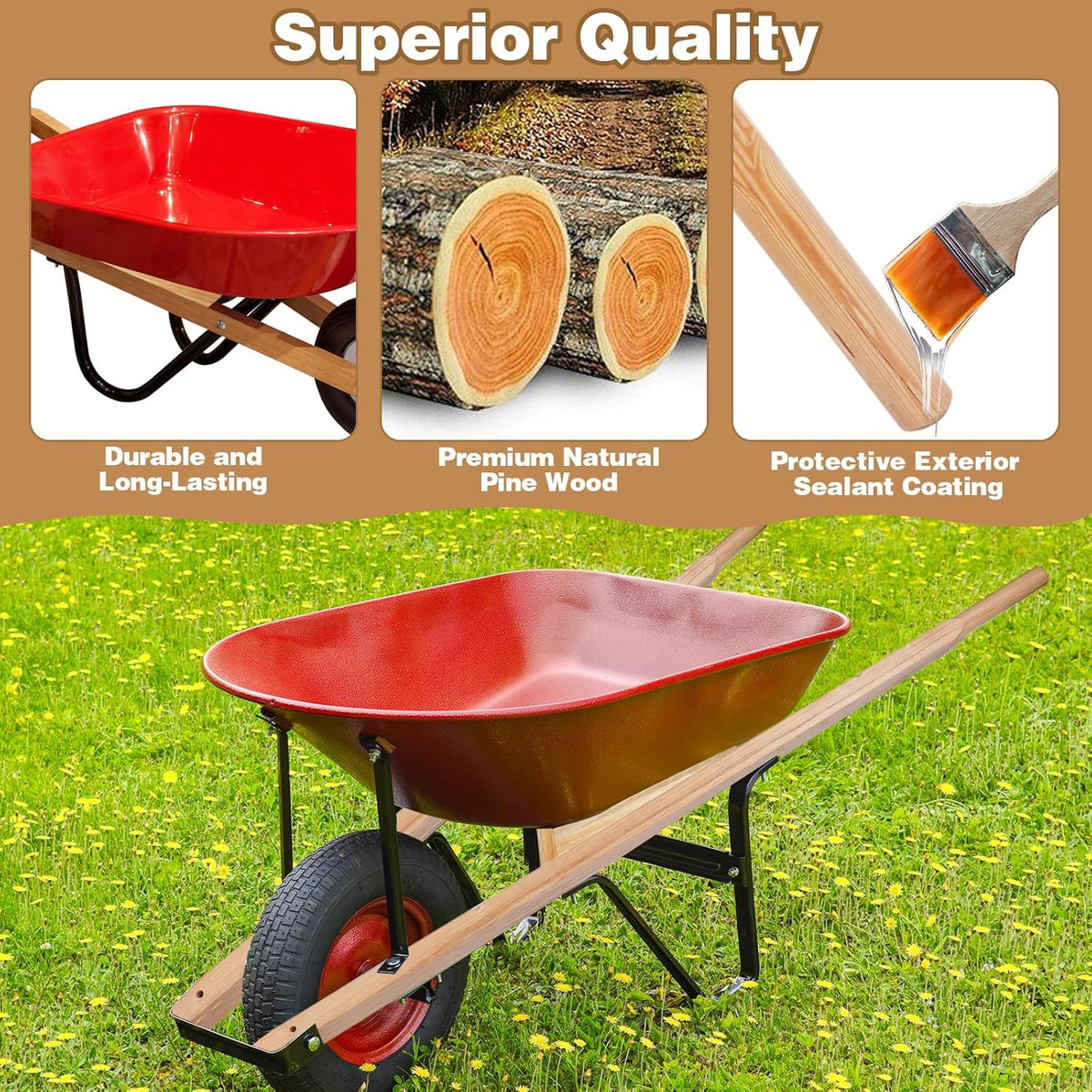 Wheelbarrow Handles Replacement Kit - Heavy Duty Pine Wood Wheelbarrow Replacement Handles - Fits