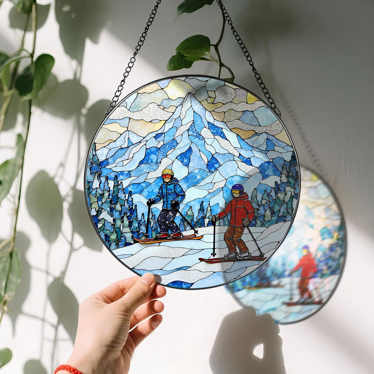 8'' Snowy Mountain Skiers Sun Catcher Ornament, Stained Glass Window Hanging, Sun Catchers for
