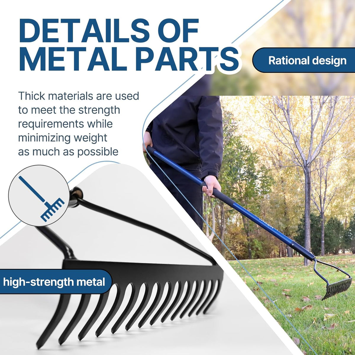 WIKER 14 Tine Metal Garden Rake 57 Inch Heavy Duty Lawn and Soil Leveling Rake with Fiberglass