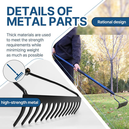 WIKER 14 Tine Metal Garden Rake 57 Inch Heavy Duty Lawn and Soil Leveling Rake with Fiberglass