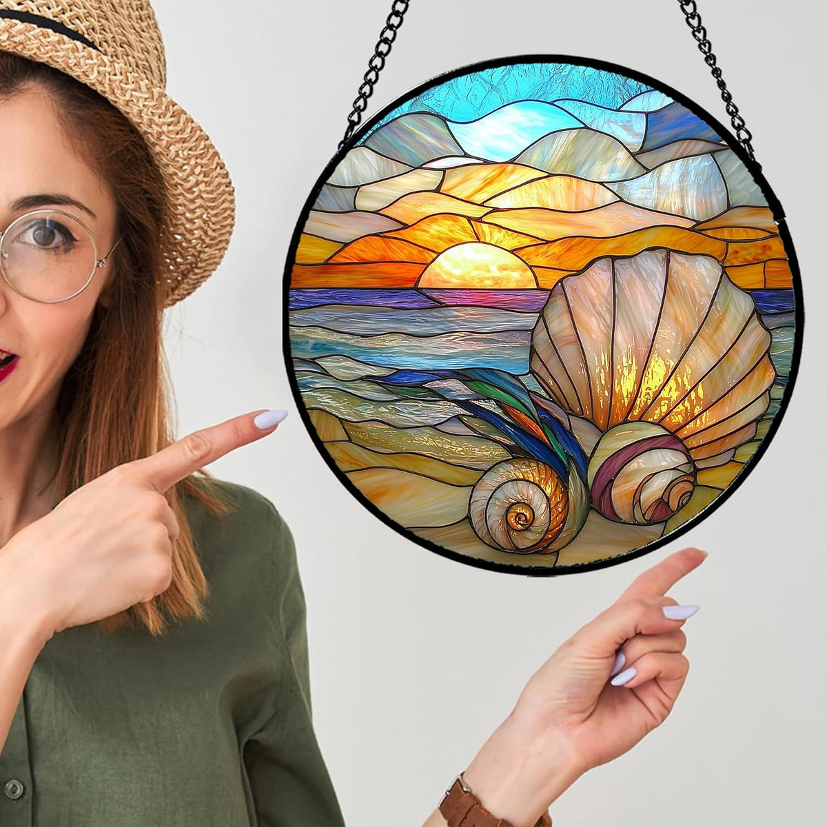 Stained Glass Window Hanging - Colorful Beach Shells Conch Sun Catcher for Door Home Decor Ocean
