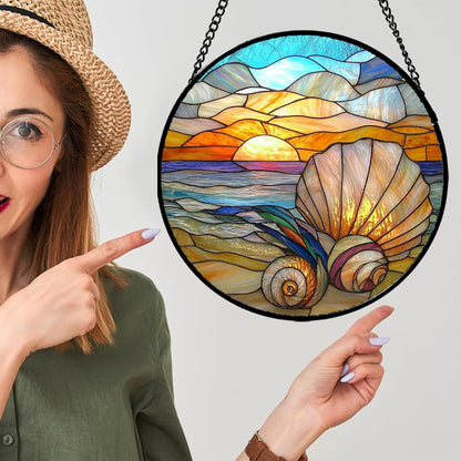 Stained Glass Window Hanging - Colorful Beach Shells Conch Sun Catcher for Door Home Decor Ocean