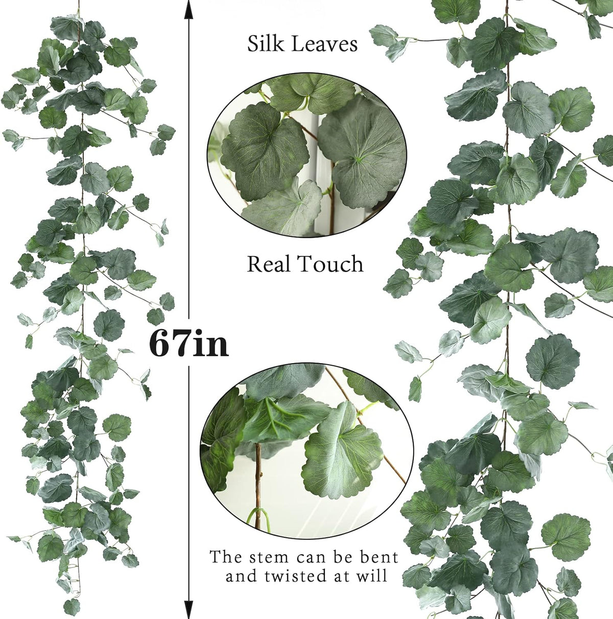 3 Strands Begonia Artificial Vines, 67" Silk Vine Garland with Green Leaves, Fake Hanging Plants