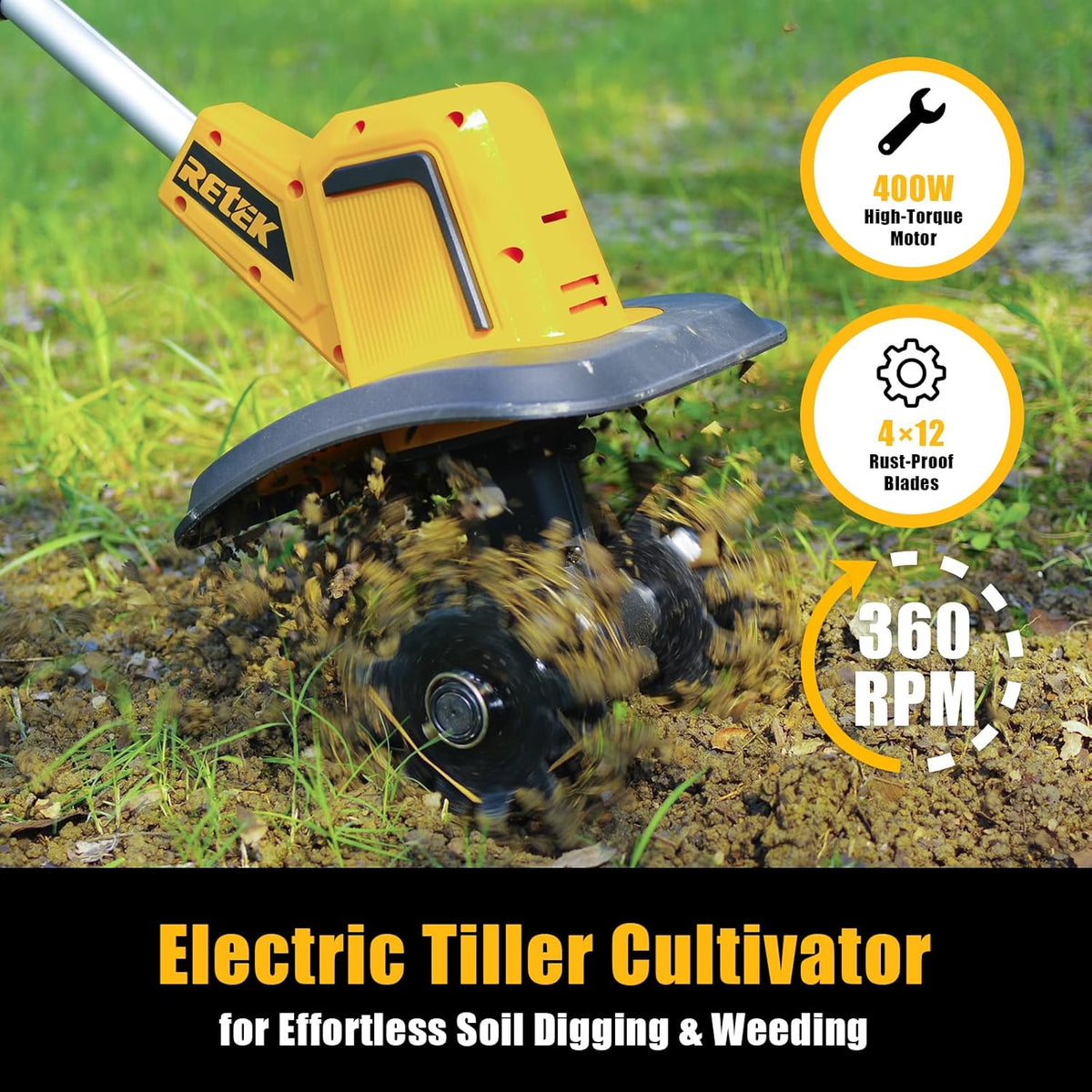 RETEK Adjustable Cordless Tiller, Compatible with Dewalt 20V Battery(Tool Only), 360RPM Electric