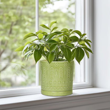 Ceramic Pot for Plants - 6 Inch Indoor Planter with Drainage Hole and Saucer, Round Decorative