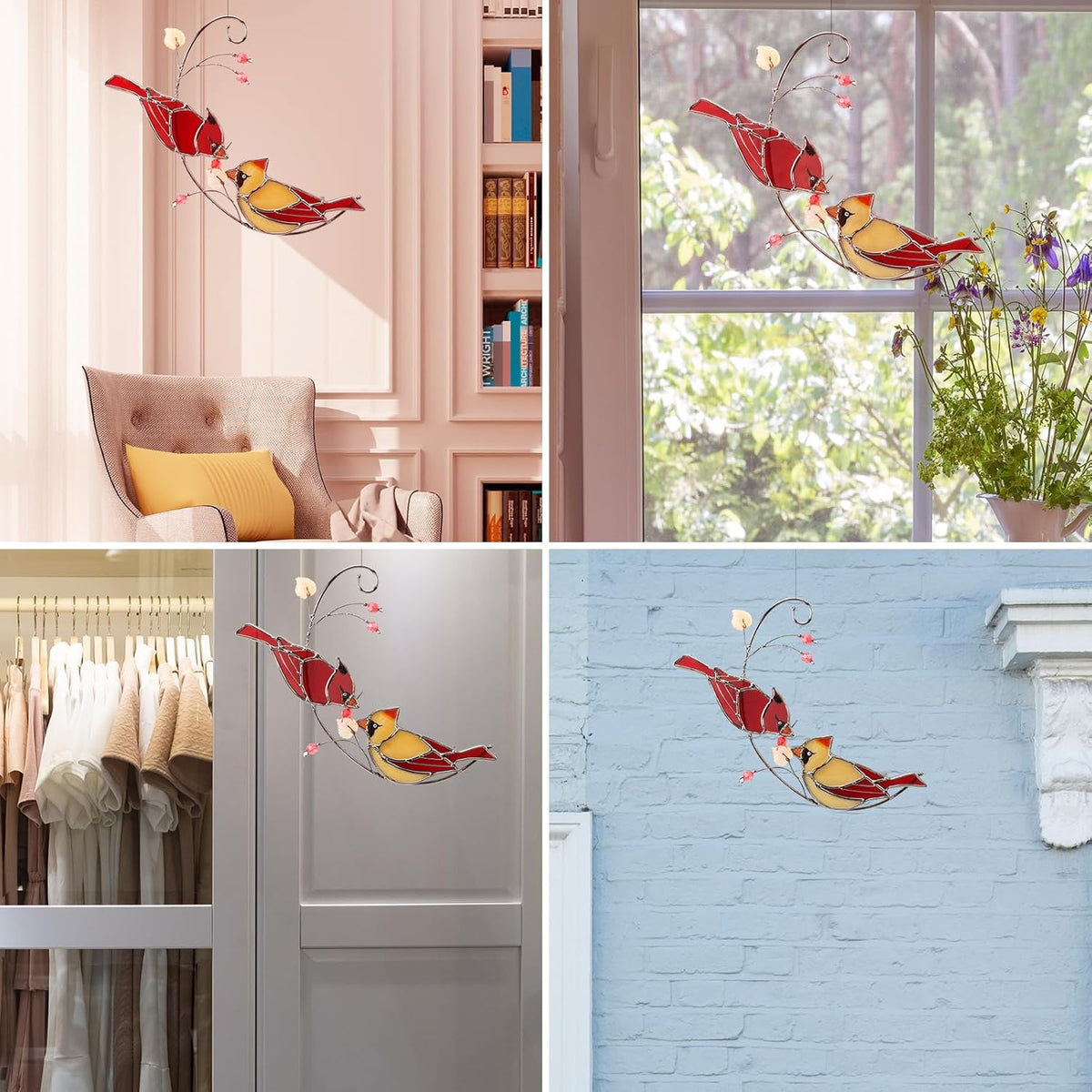 Handmade Cardinal Stained Glass Suncatcher Window Hanging Ornament for Christmas,Mother’s