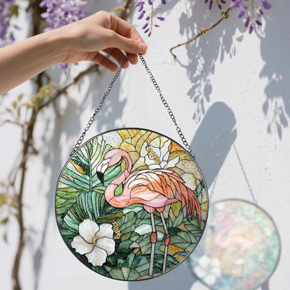8″ Stained Glass Window Hanging Ornament, Flamingo Stained Glass Suncatcher Ornament, Sun-Catcher