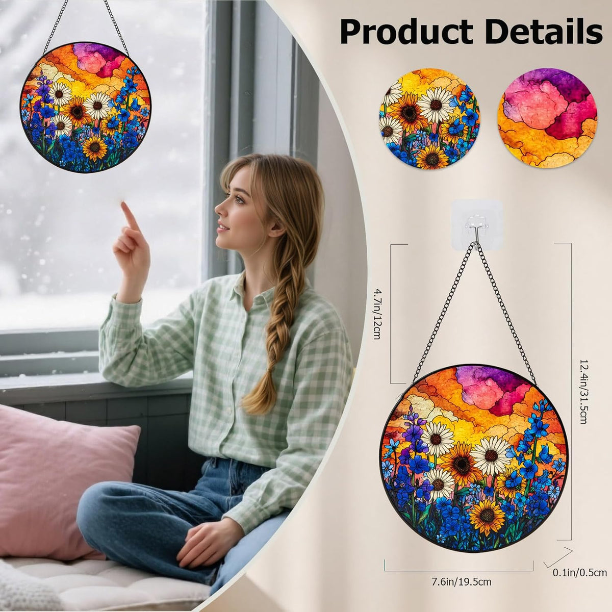 Stained Glass Window Hanging, Daisy Suncatcher for Doors Home Sun Catchers Decoration, Mother's Day