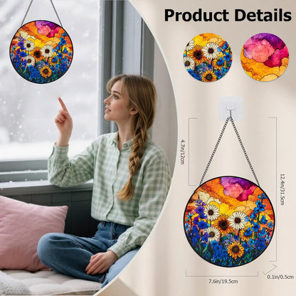 Stained Glass Window Hanging, Daisy Suncatcher for Doors Home Sun Catchers Decoration, Mother's Day