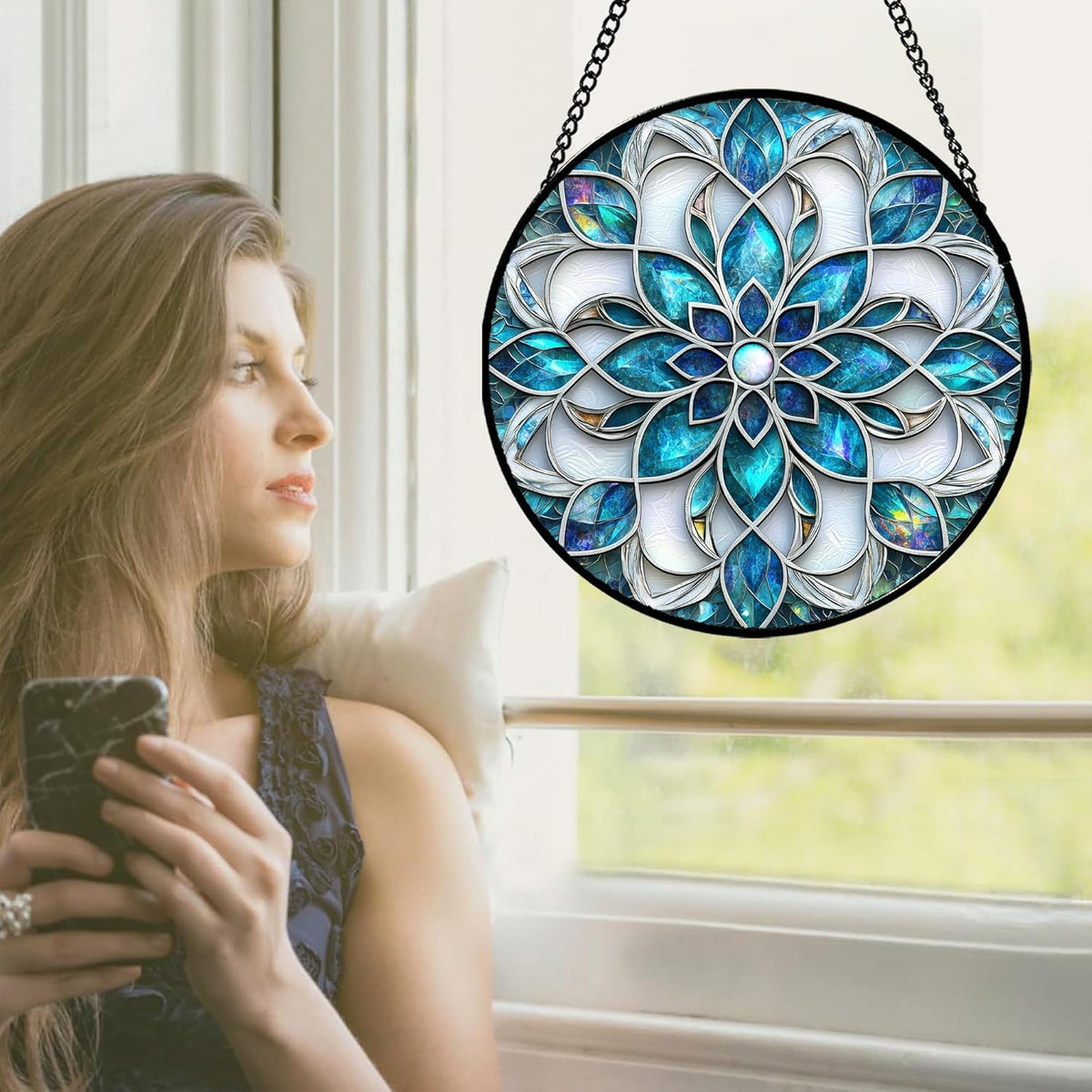 Stained Glass Window Hanging - Blue White Abstract Flowers Suncatcher for Door Terrace Garden Home