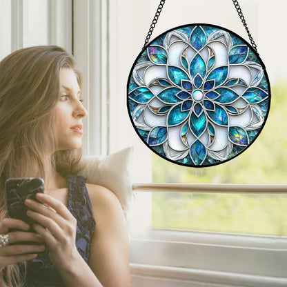 Stained Glass Window Hanging - Blue White Abstract Flowers Suncatcher for Door Terrace Garden Home