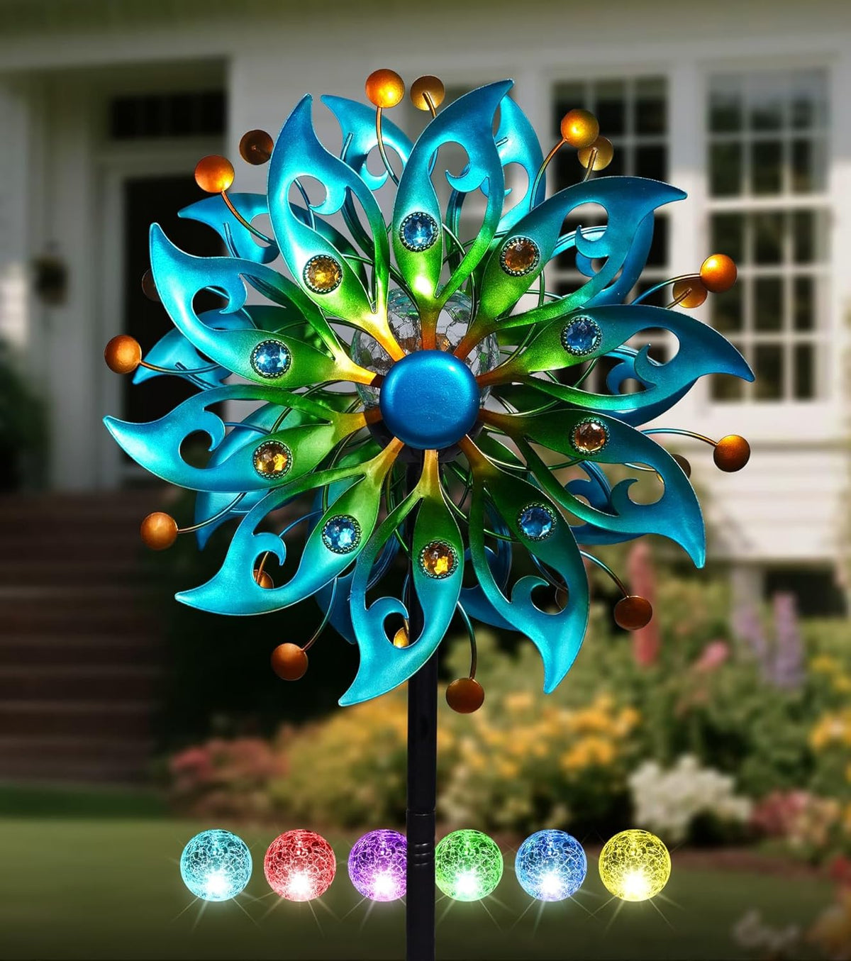Solar Wind Spinners Outdoor – H63xW13 Metal Kinetic Garden Spinner with Crackle Glass Ball &