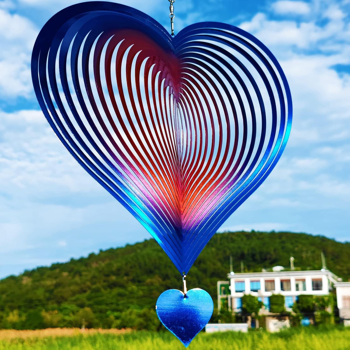 DJUAN Wind Spinners Outdoor Garden Decor 12inch Blue-Orange Love Heart Hanging Wind Spinner Metal