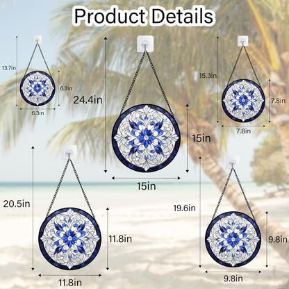 Stained Glass Window Hanging - Blue White Boho Flower Suncatcher for Door Garden Yard Sun Catchers