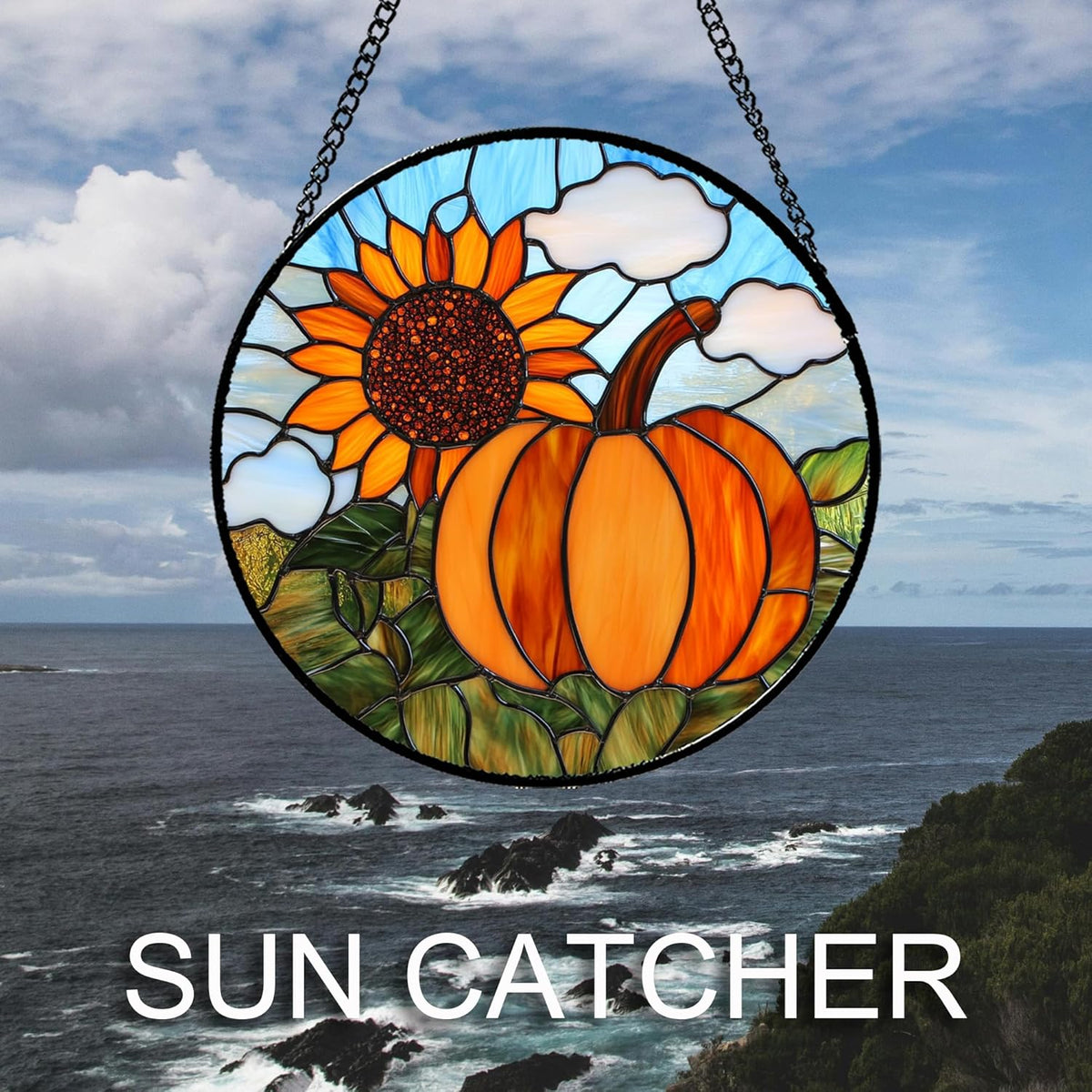 Stained Glass Window Hanging Fall Farm Scenery Sunflower Pumpkin 7.8" - Suncatcher Door Garden