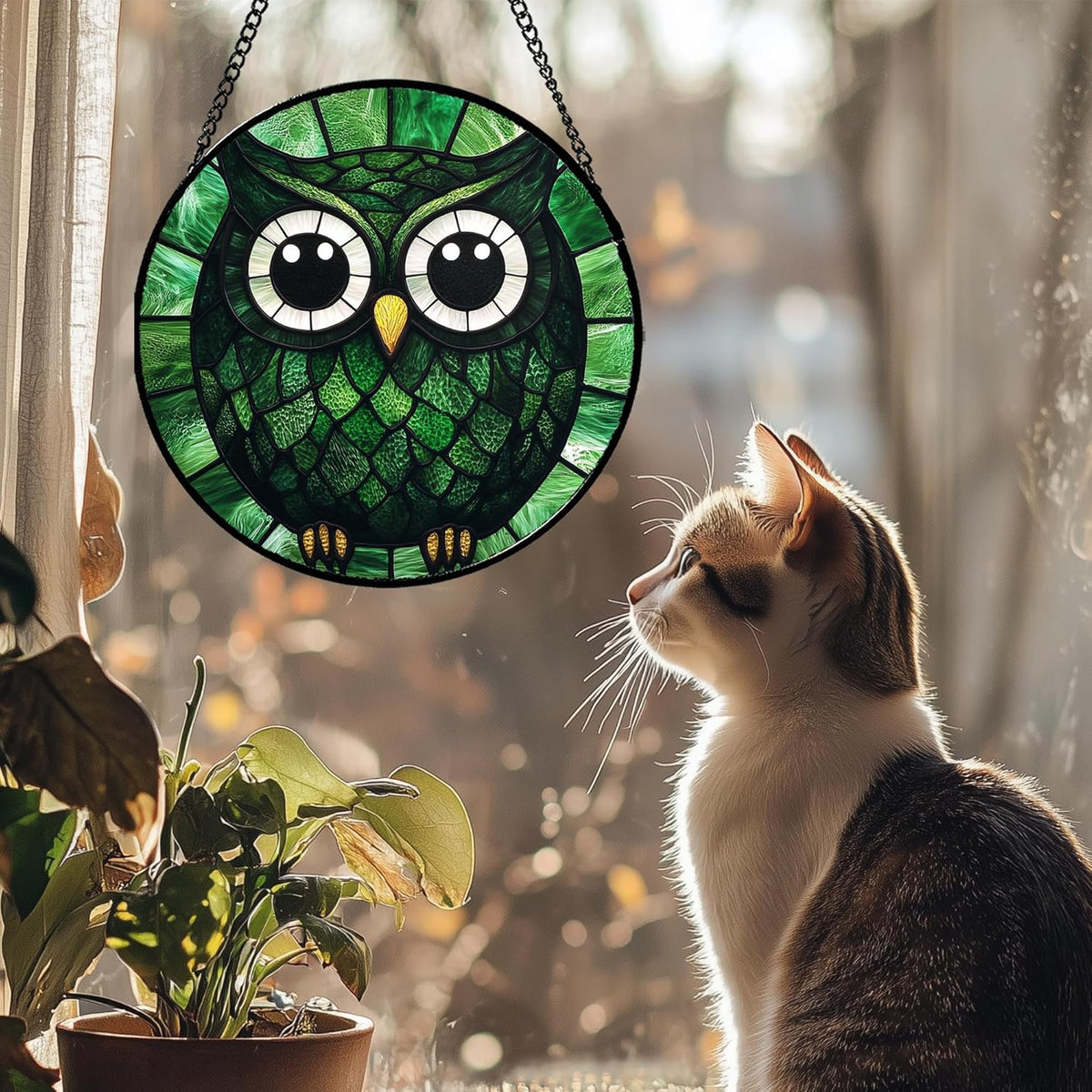 Stained Glass Window Hanging - Green Owl Suncatcher for Doors Garden Patio Funny Bird Sun Catchers