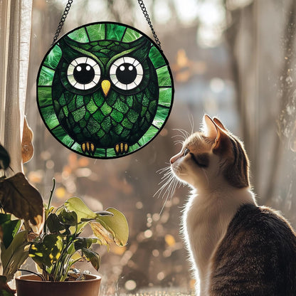 Stained Glass Window Hanging - Green Owl Suncatcher for Doors Garden Patio Funny Bird Sun Catchers
