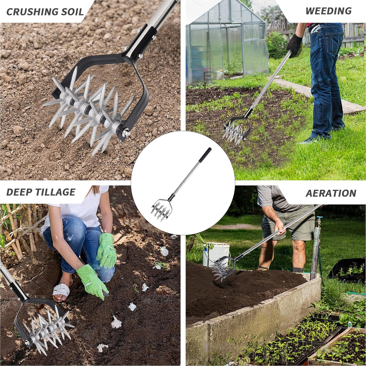Rotary Garden Tool, Adjustable Hand Tiller, Long Handle Cultivator for Aerating, Weeding, Planting