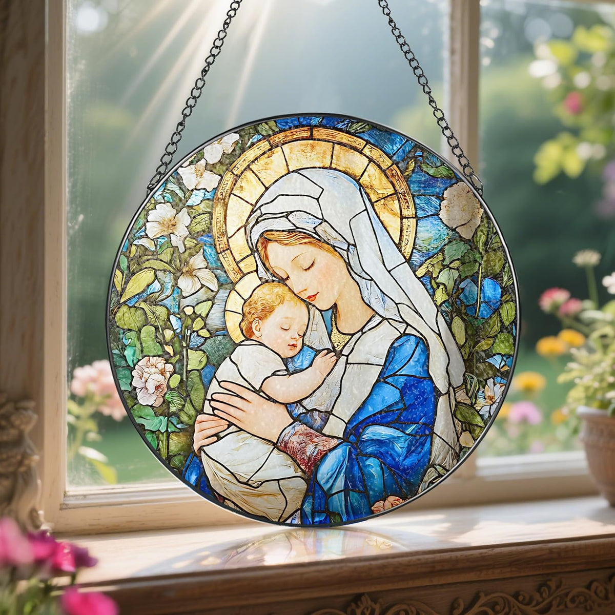 8 Inch Virgin Mary Stained Glass Suncatcher, Suncatchers for Windows Hanging, Baby Jesus Window