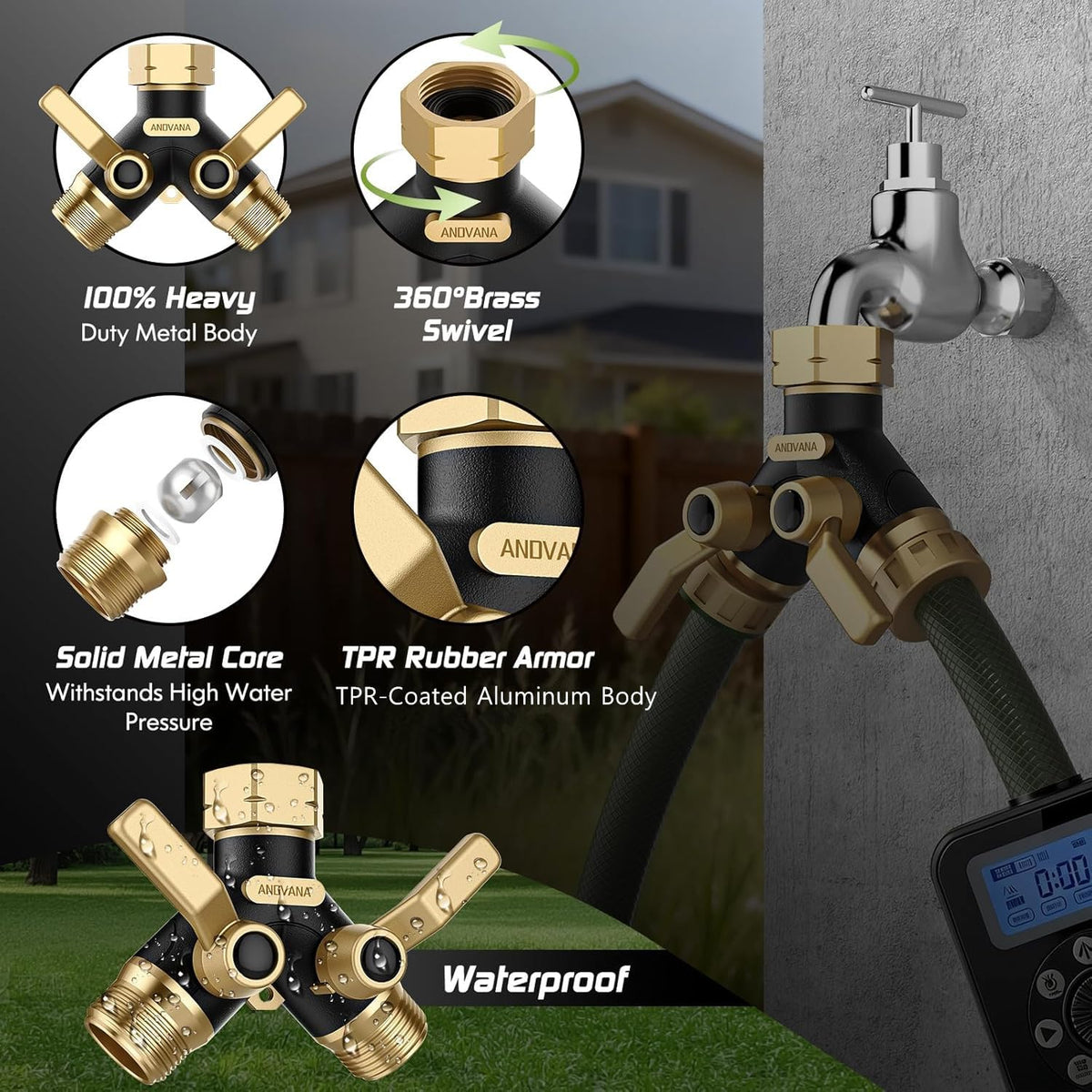 Hose Splitter 2 Way Heavy Duty, Garden Hose Splitter- Full Metal Body Y Type with Dual Shut Off