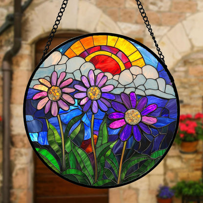 Stained Glass Window Hanging, Butterfly and Sunflowers Sun Catchers Glass Panel Plant Insects