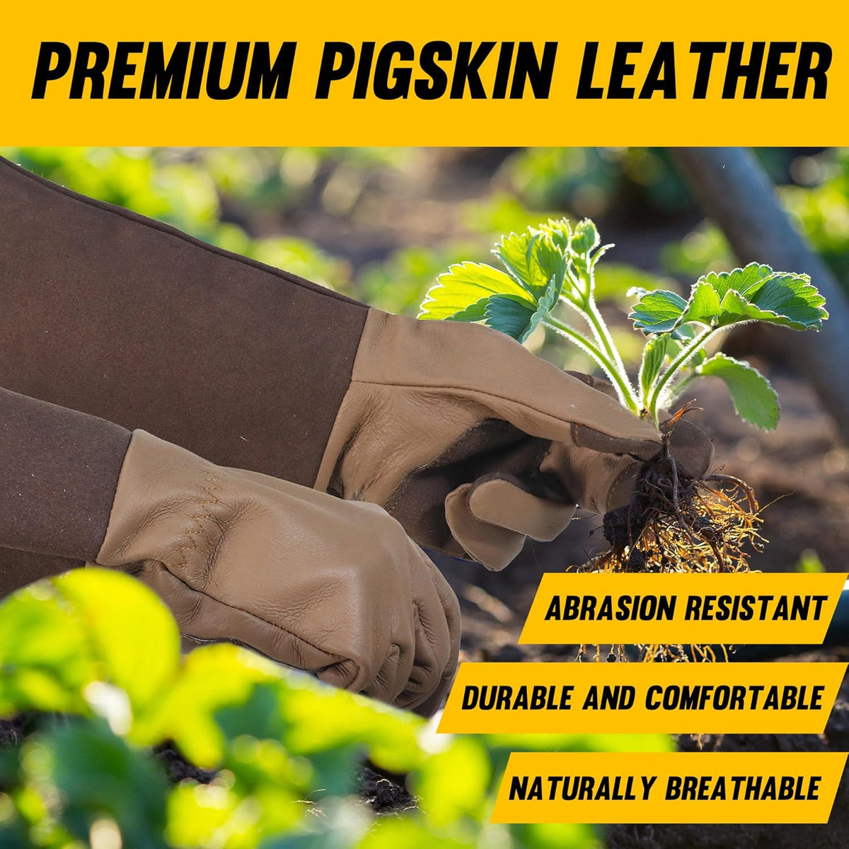 HANDLANDY Long Gardening Gloves for Men & Women, Cowhide Leather Rose Pruning Gloves- Breathable &