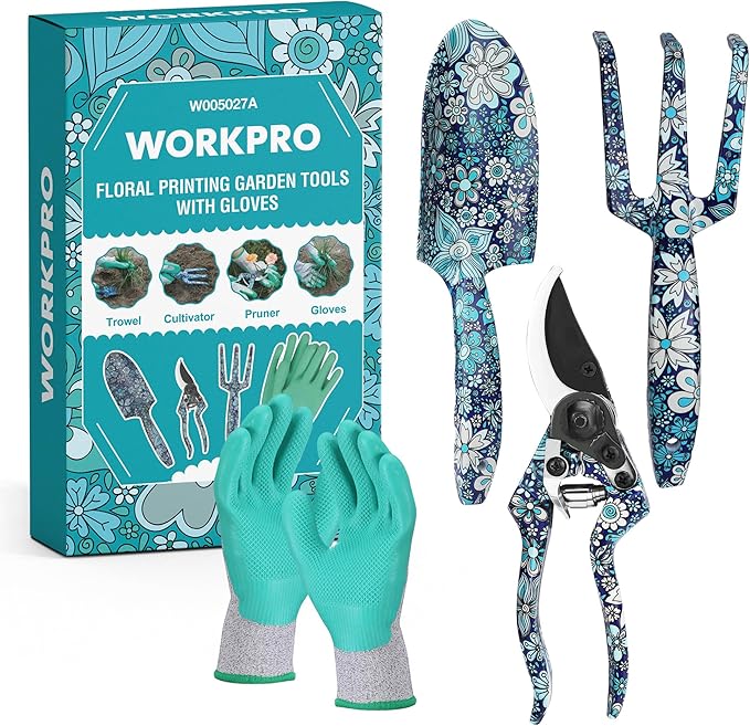 WORKPRO Aluminum Garden Tool Set, 4PCS Heavy Duty Hand Garden Tools with Box Include Trowel, Rake
