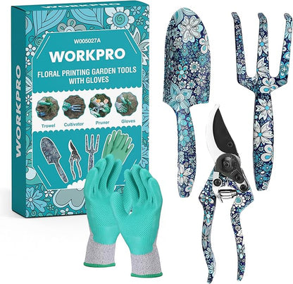 WORKPRO Aluminum Garden Tool Set, 4PCS Heavy Duty Hand Garden Tools with Box Include Trowel, Rake