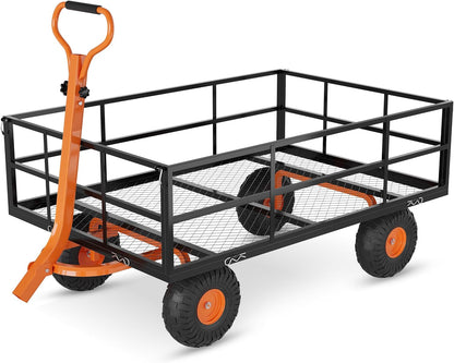 Metal Wagon - 900lbs Garden Cart with 10" Multi-Terrain Tires, 4 Removable Mesh Sides & 180° Swivel