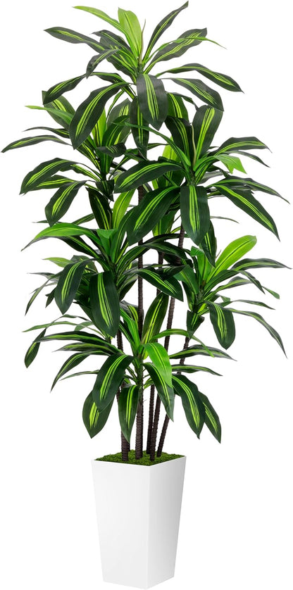 Artificial Dracaena Plant 6FT - Fake Tree with White Tall Planter - Faux Yucca Tall Fake Floor