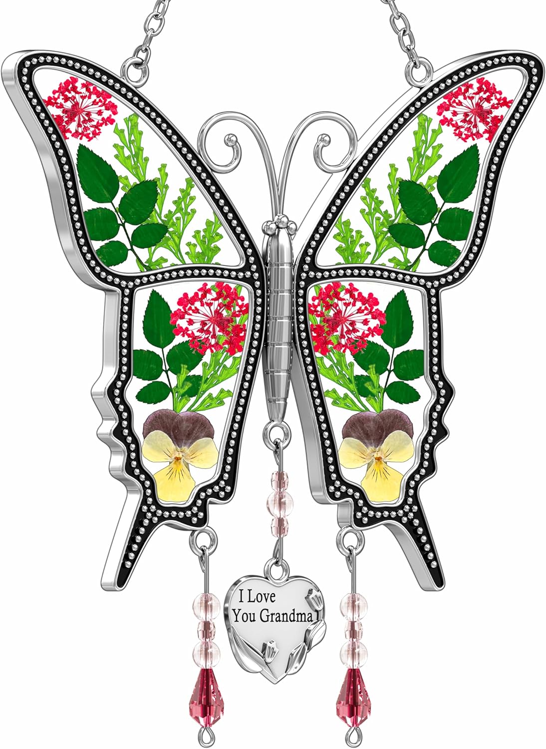 KY&BOSAM Butterfly Suncatcher I Love You Grandma Unique Grandma Gifts with Pressed Real Flower