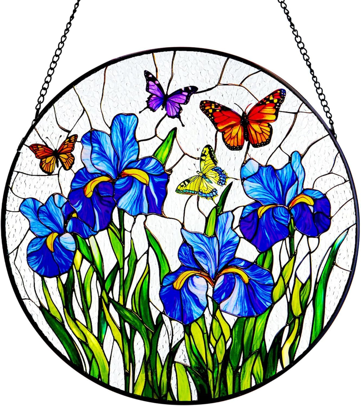 Stained Glass Window Hanging Iris Flower Suncatcher, Renyalora 10 Inch Round Glass Sun Catcher for
