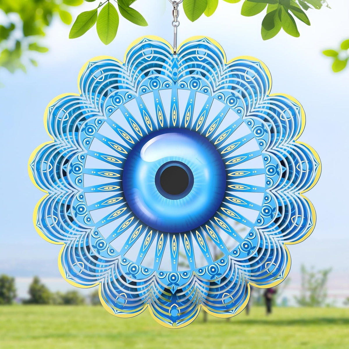 Blue Evil Eye Hanging Wind Spinners Outdoor Metal Evil Eye Decor Mandala 3D Stainless Steel Wind