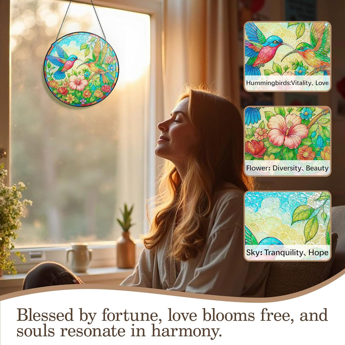 Stained Glass Window Hanging, Hummingbirds Sun Catchers Stained Glass Panels for Indoor Windows